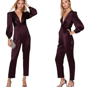 Mac Duggal NWT Plum Front Twist Puff Sleeve Deep V Jumpsuit Satin Size 2 Pockets